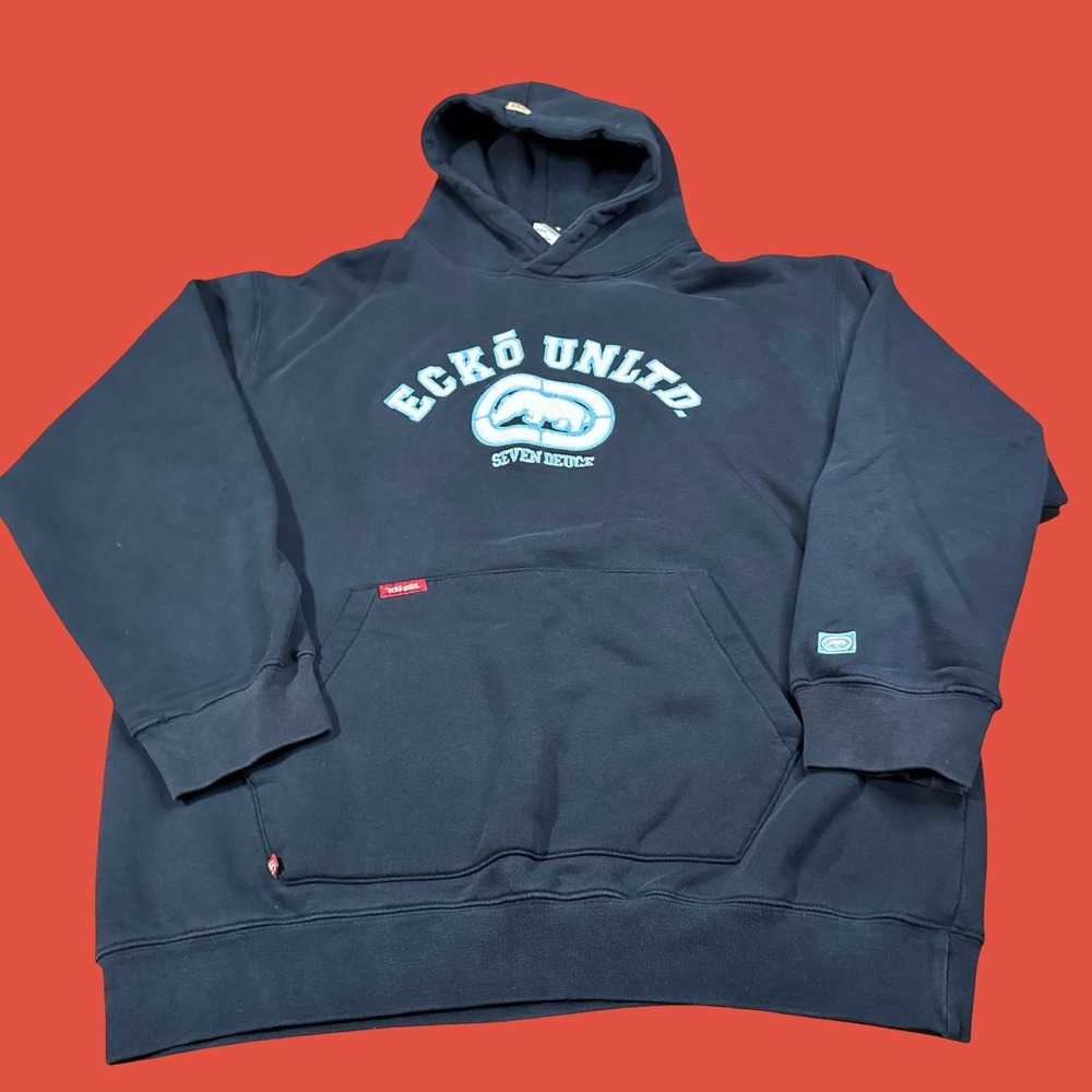 Vintage Ecko Unltd Hoodie XL Black Blue Chenille Rhino Logo Y2K Streetwear